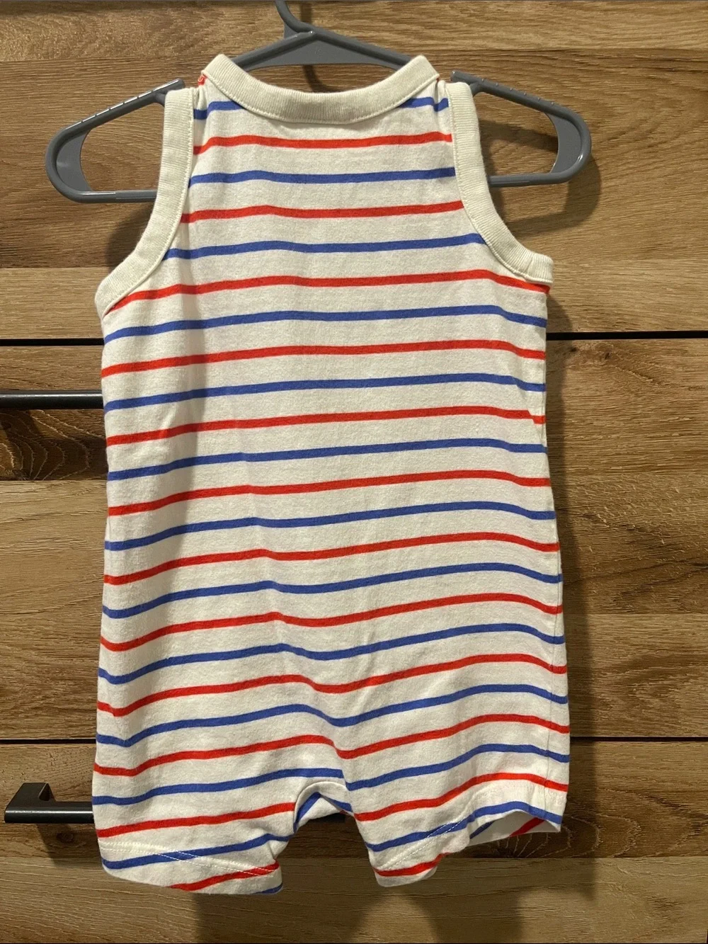 Striped Sleeveless Baby Romper in Cream with Red & Blue Stripes